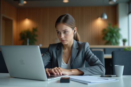 Femme d affaires en réunion avec enregistreur vocal