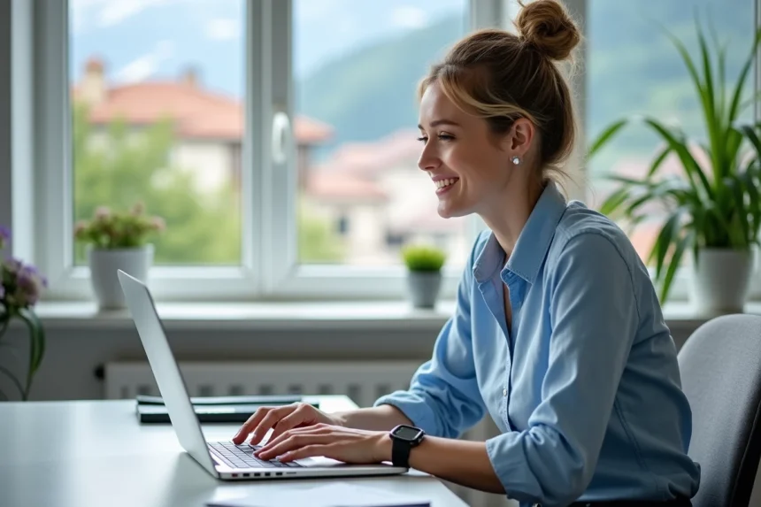 Femme au bureau à Grenoble travaillant sur son ordinateur portable