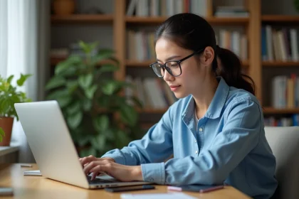 Jeune femme au bureau regardant son ordinateur portable