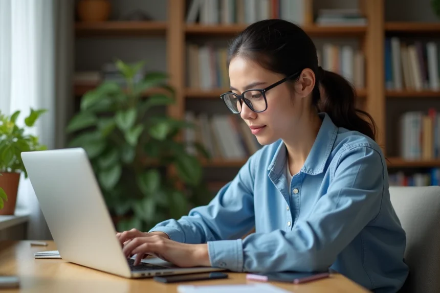 Jeune femme au bureau regardant son ordinateur portable