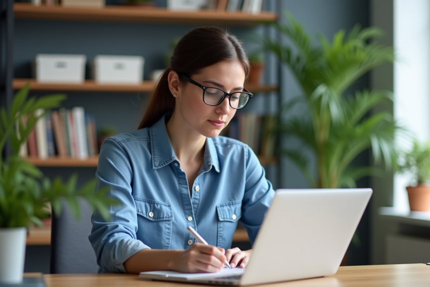 Femme concentrée travaillant sur son ordinateur dans un bureau moderne