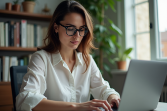 Femme au bureau avec ordinateur et bibliothèque en arrière-plan
