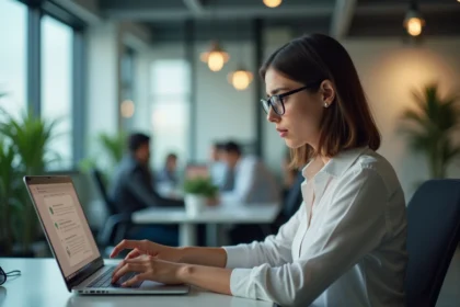 Jeune femme au bureau regardant un popup sur son ordinateur
