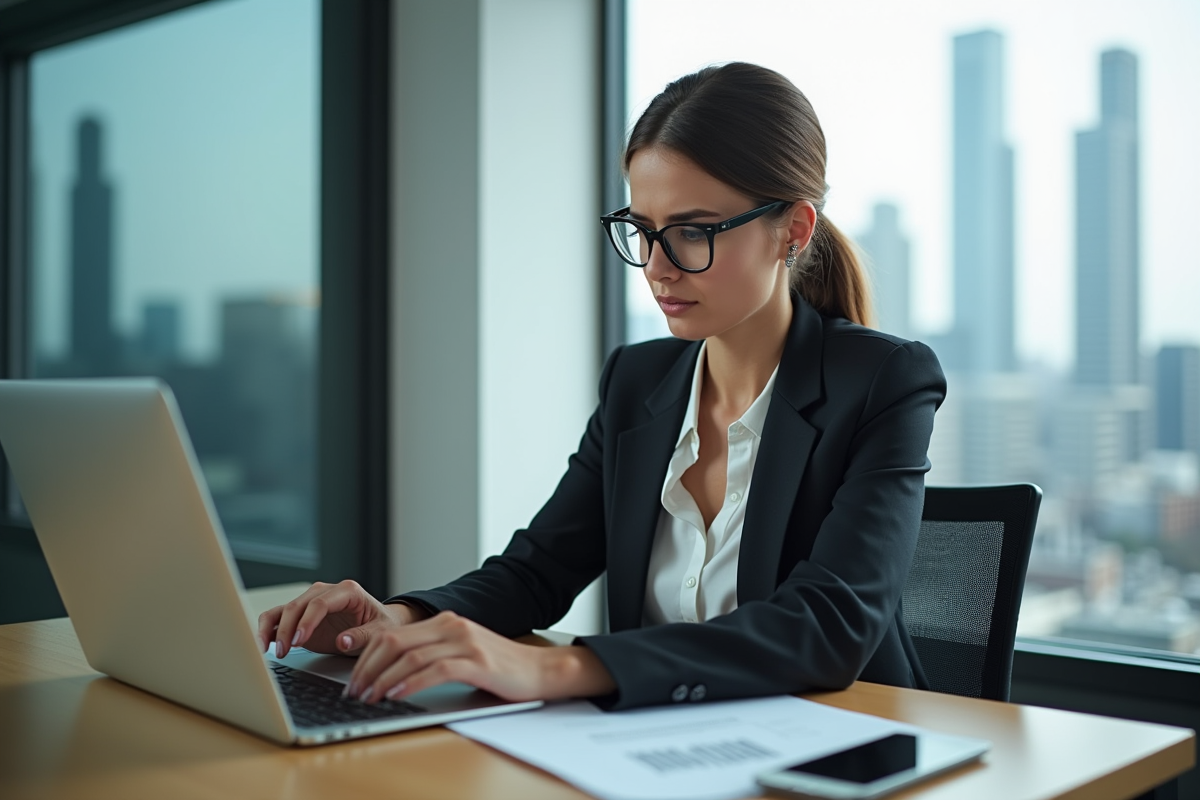 Femme d affaires examine son ordinateur dans un bureau moderne