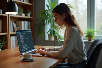 Jeune femme concentrée sur son ordinateur dans un bureau moderne