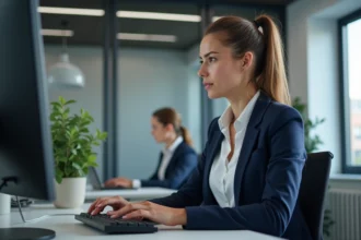 Femme professionnelle tapant des symboles spéciaux sur un clavier de PC au bureau