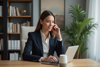 Jeune femme de bureau utilisant un assistant vocal dans un espace moderne