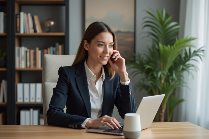 Jeune femme de bureau utilisant un assistant vocal dans un espace moderne