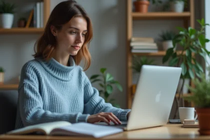 Jeune femme au bureau organisee naviguant sur wifi