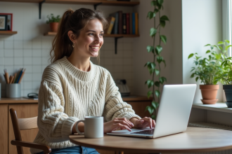 Jeune femme souriante utilisant un ordinateur dans une cuisine moderne