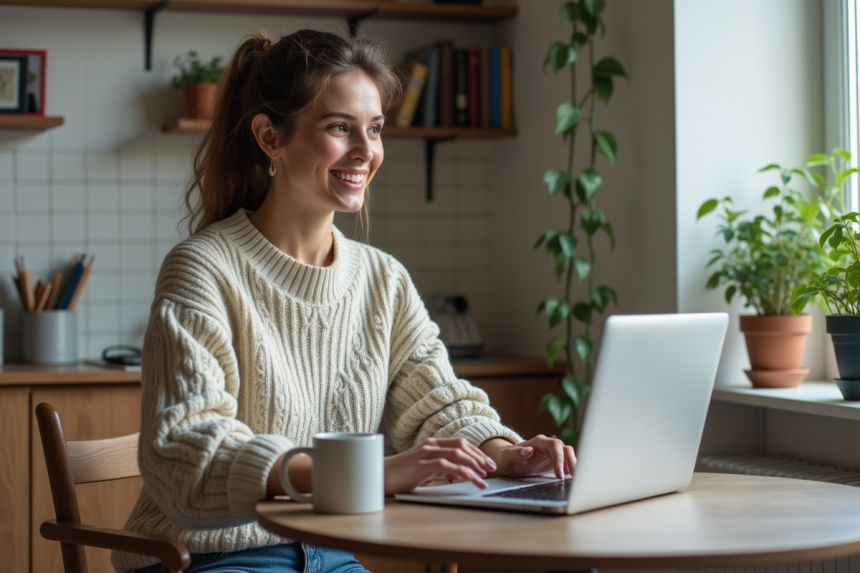 Jeune femme souriante utilisant un ordinateur dans une cuisine moderne