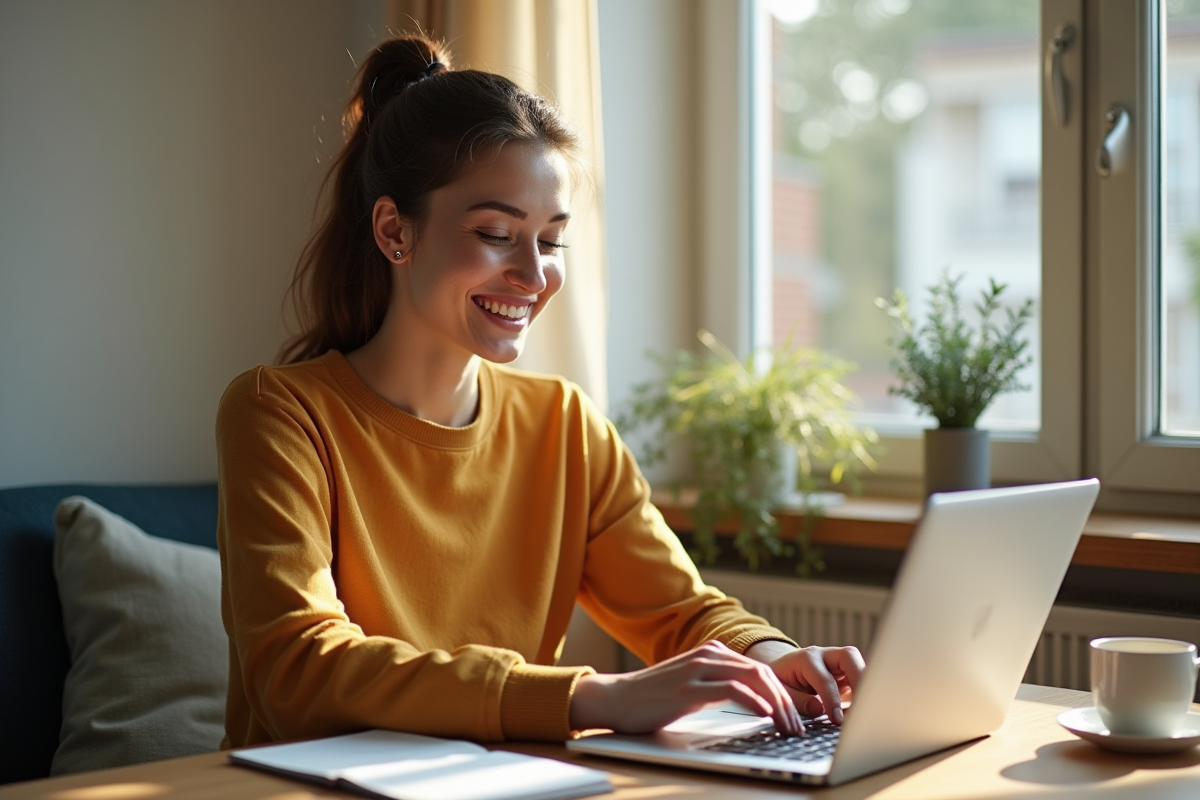 Jeune femme souriante utilisant un chatbot sur son ordinateur