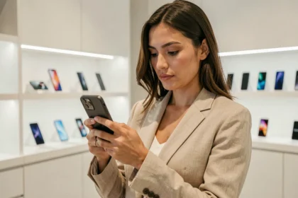 Femme comparant des iPhones dans un magasin de technologie moderne pour trouver le meilleur rapport qualité-prix en 2026