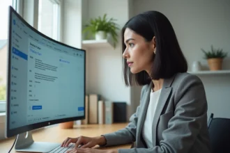 Femme configurant les paramètres de sécurité et de filtrage spam sur un webmail IONOS depuis son bureau à domicile