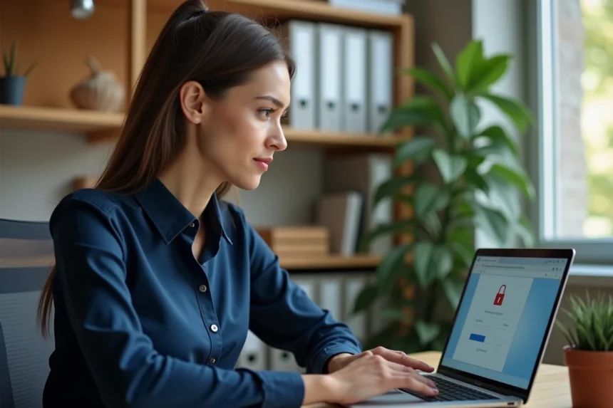 Femme universitaire sécurisant sa connexion à un webmail sur un ordinateur portable dans un bureau académique
