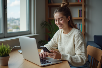 Jeune femme connectant smartphone à un ordinateur dans un appartement
