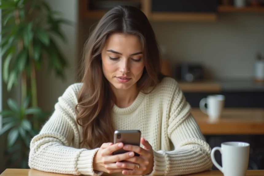 Jeune femme lisant une conversation WhatsApp sur son smartphone à la maison