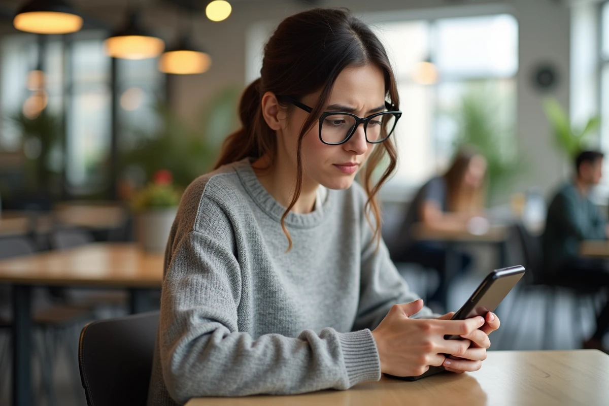 Jeune femme vérifiant une adresse web dans un espace partagé