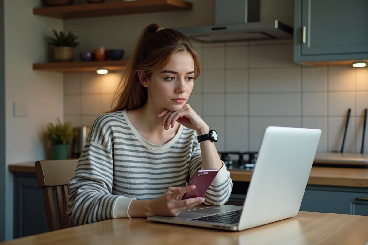 Jeune femme utilisant un ordinateur et smartphone dans la cuisine
