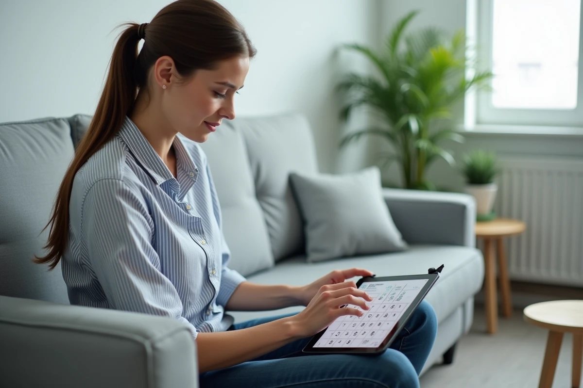 Femme jouant au Démineur sur une tablette dans un salon moderne et décontracté