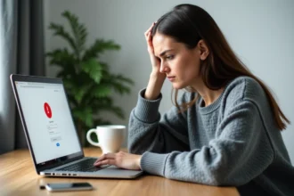 Femme frustrée devant un écran d'erreur de connexion sur un ordinateur portable à son bureau à domicile