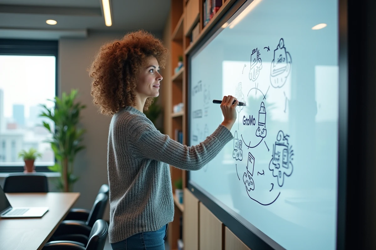 Femme avec tableau blanc interactif en réunion collaborative