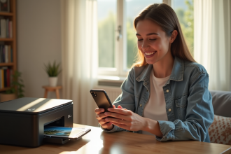 Jeune femme souriante imprimant une photo depuis son smartphone à la maison