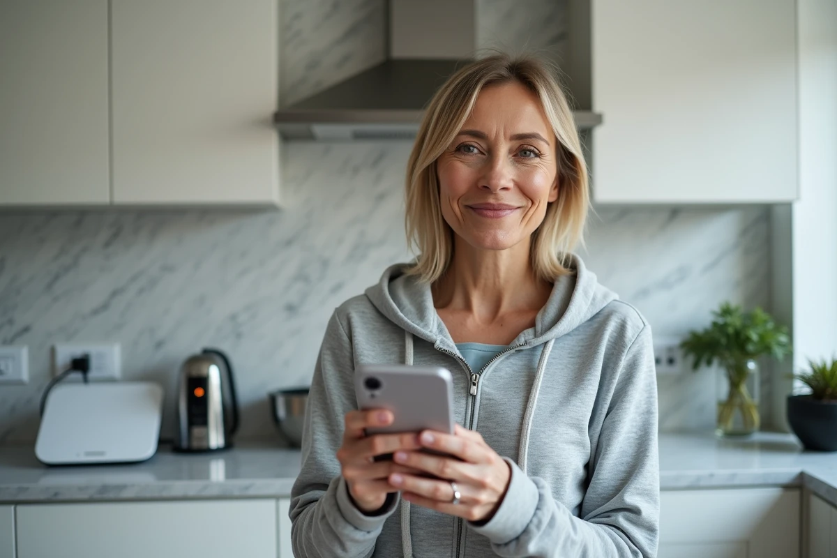 Femme consultant l'interface mafreebox.freebox.fr sur smartphone dans une cuisine moderne avec une Freebox visible en arrière-plan