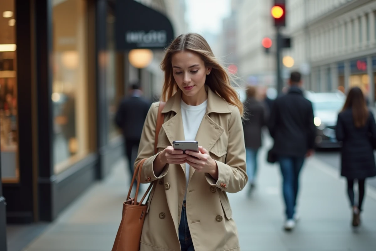 Femme consultant son iPhone 14 Pro en marchant dans une rue animée de la ville sous un ciel couvert