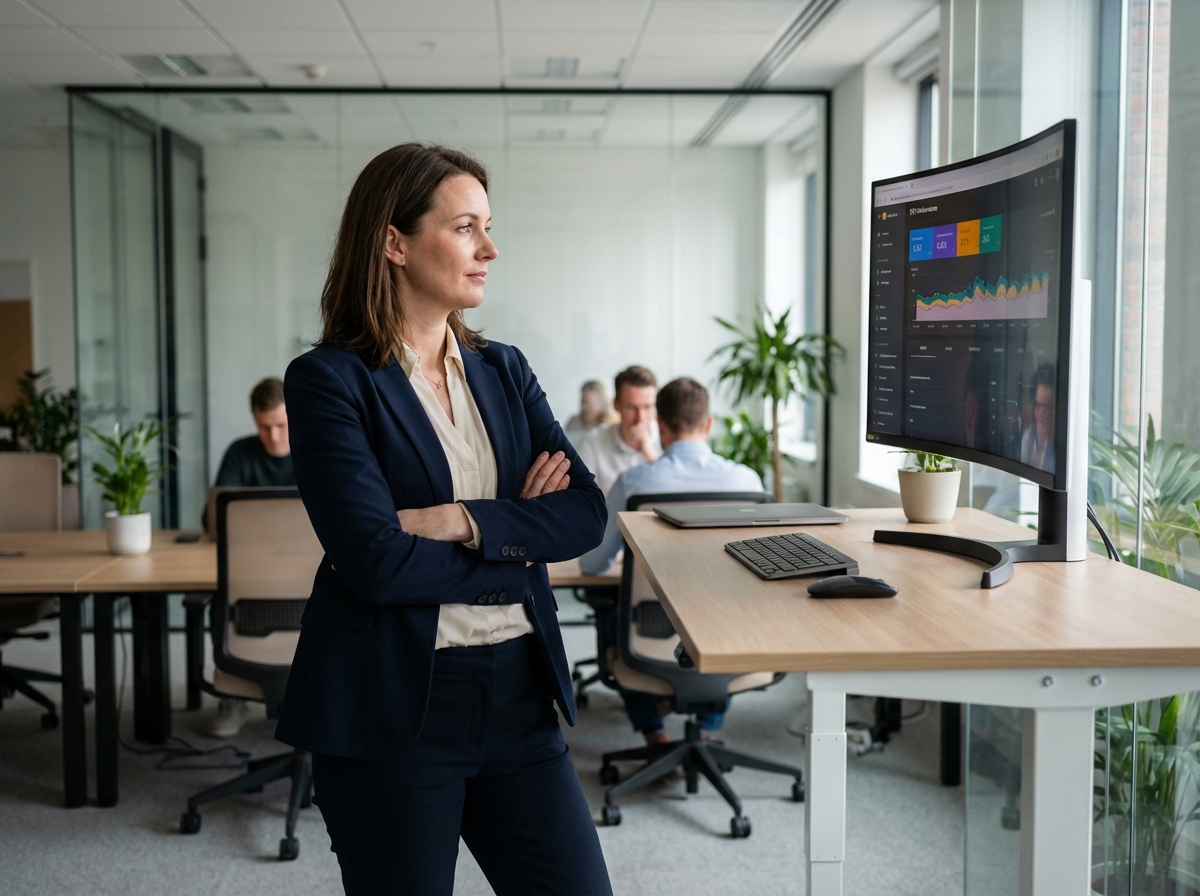 Femme analysant des graphiques SEO dans un bureau moderne