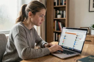 Femme consultant ses marque-pages Firefox sur un ordinateur portable dans un bureau à domicile