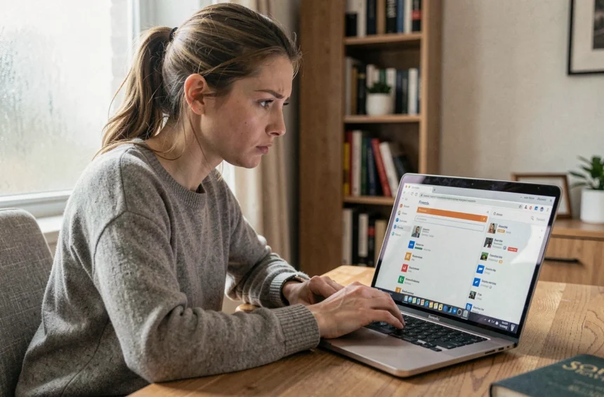 Femme consultant ses marque-pages Firefox sur un ordinateur portable dans un bureau à domicile