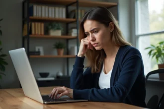 Femme frustrée devant un écran de connexion webmail académique oubliant son mot de passe