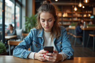 Jeune femme au café vérifiant son smartphone antivirus