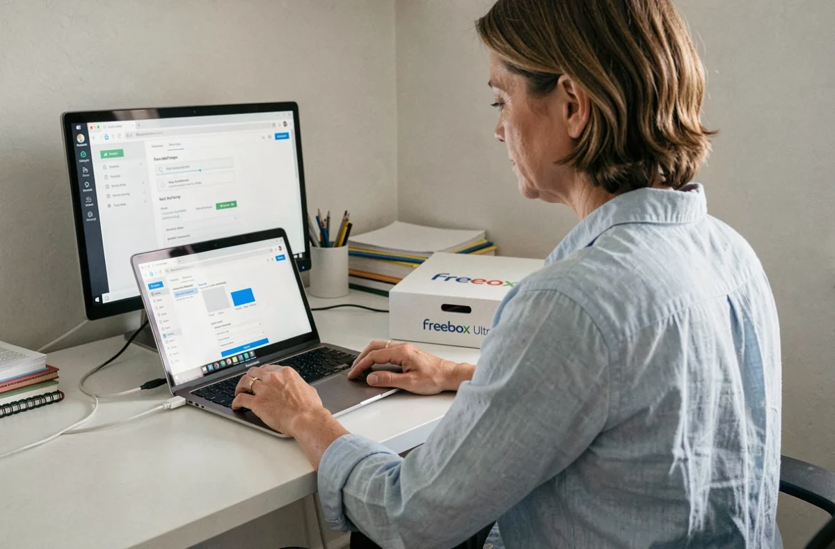 Femme vérifiant les paramètres réseau sur un ordinateur portable à côté d'une Freebox dans un bureau à domicile