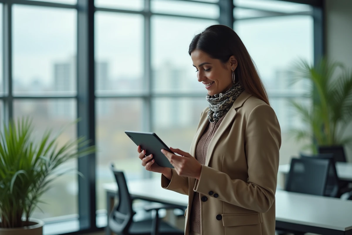 Femme professionnelle utilisant une tablette dans un bureau