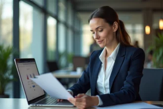Femme professionnelle en entreprise évaluant un service de transfert de fichiers comme SwissTransfer sur son ordinateur portable au bureau