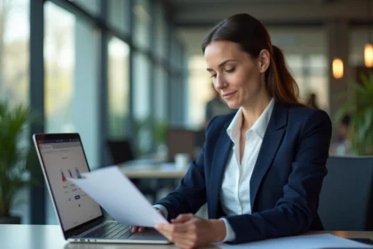 Femme professionnelle en entreprise évaluant un service de transfert de fichiers comme SwissTransfer sur son ordinateur portable au bureau