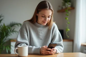 Femme utilisant l'application Google Photos sur smartphone pour découvrir les réglages de base