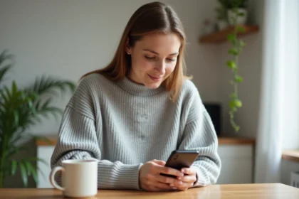 Femme utilisant l'application Google Photos sur smartphone pour découvrir les réglages de base