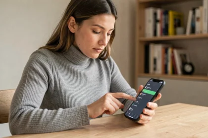 Femme consultant les réglages de son smartphone pour masquer son numéro lors d'un appel ou d'un SMS