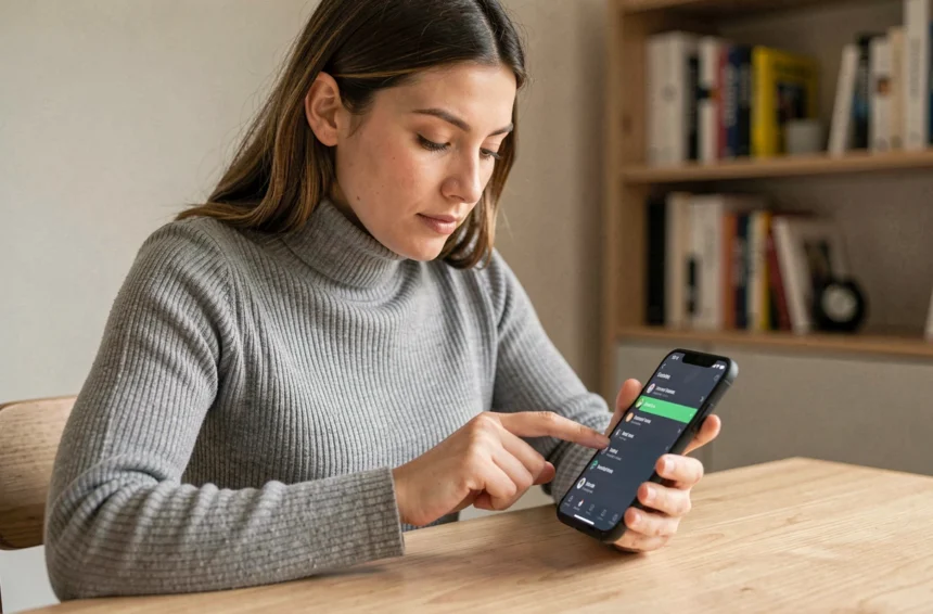 Femme consultant les réglages de son smartphone pour masquer son numéro lors d'un appel ou d'un SMS
