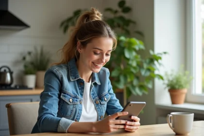 Femme souriante examine un smartphone reconditionne dans la cuisine