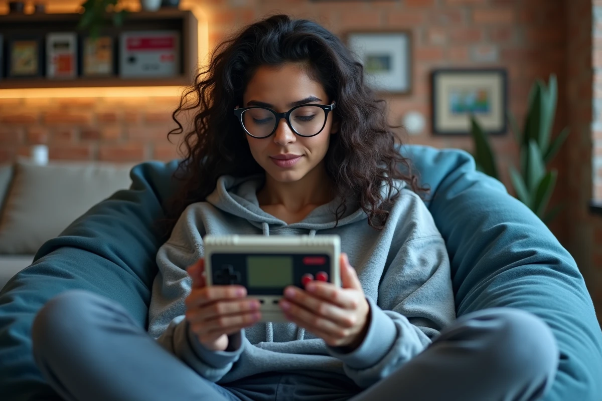 Jeune femme passionnée de rétro-gaming jouant sur une Game Boy dans un appartement décoré de posters pixel art et de cartouches Nintendo