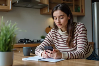 Jeune femme assise à la cuisine avec smartphone et carnet