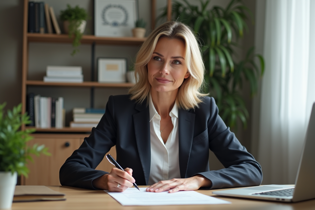 Femme signant un document de conformité GDPR dans un bureau
