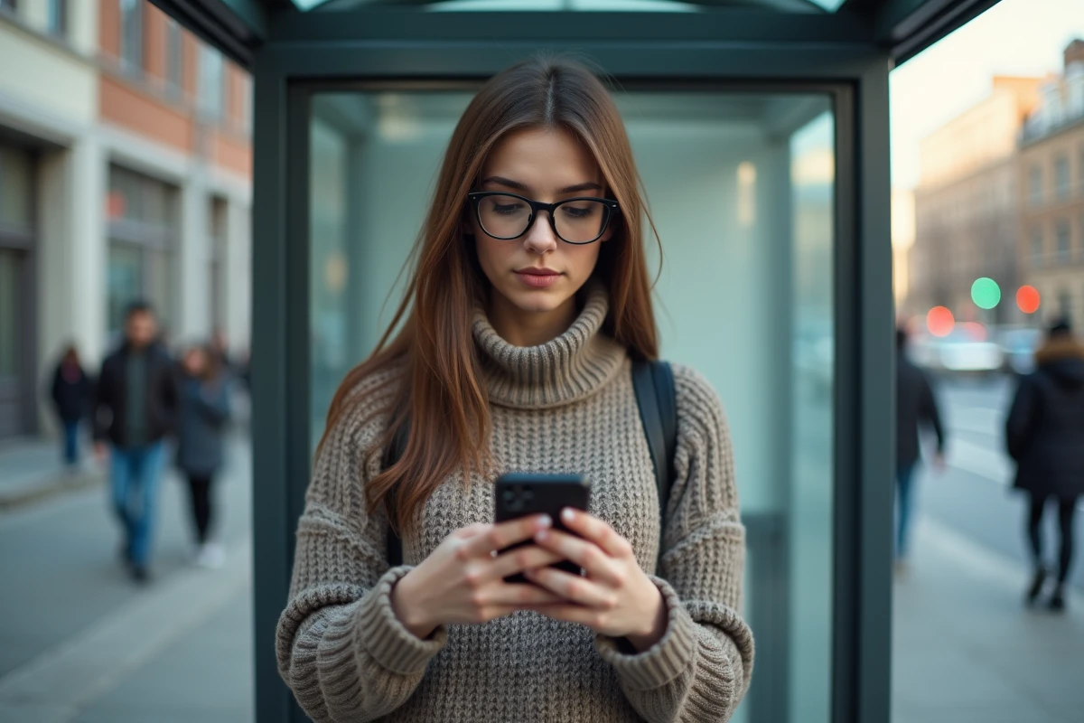 Jeune femme regardant son smartphone à un arrêt de bus urbain