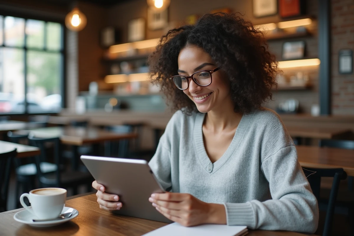 Femme souriante utilisant une tablette dans un café animé
