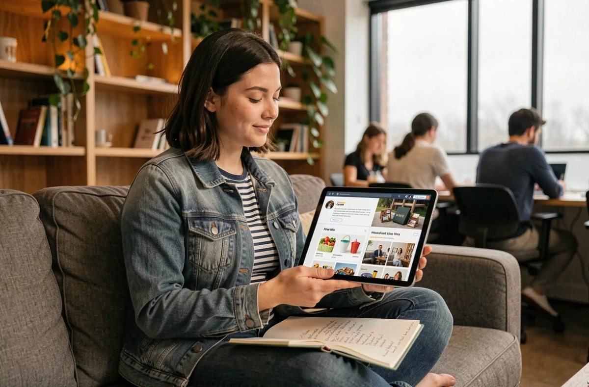 Jeune femme consultant une interface de choix entre site vitrine et boutique en ligne sur une tablette dans un espace de coworking