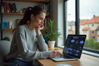 Jeune femme en home office examine un diagramme réseau